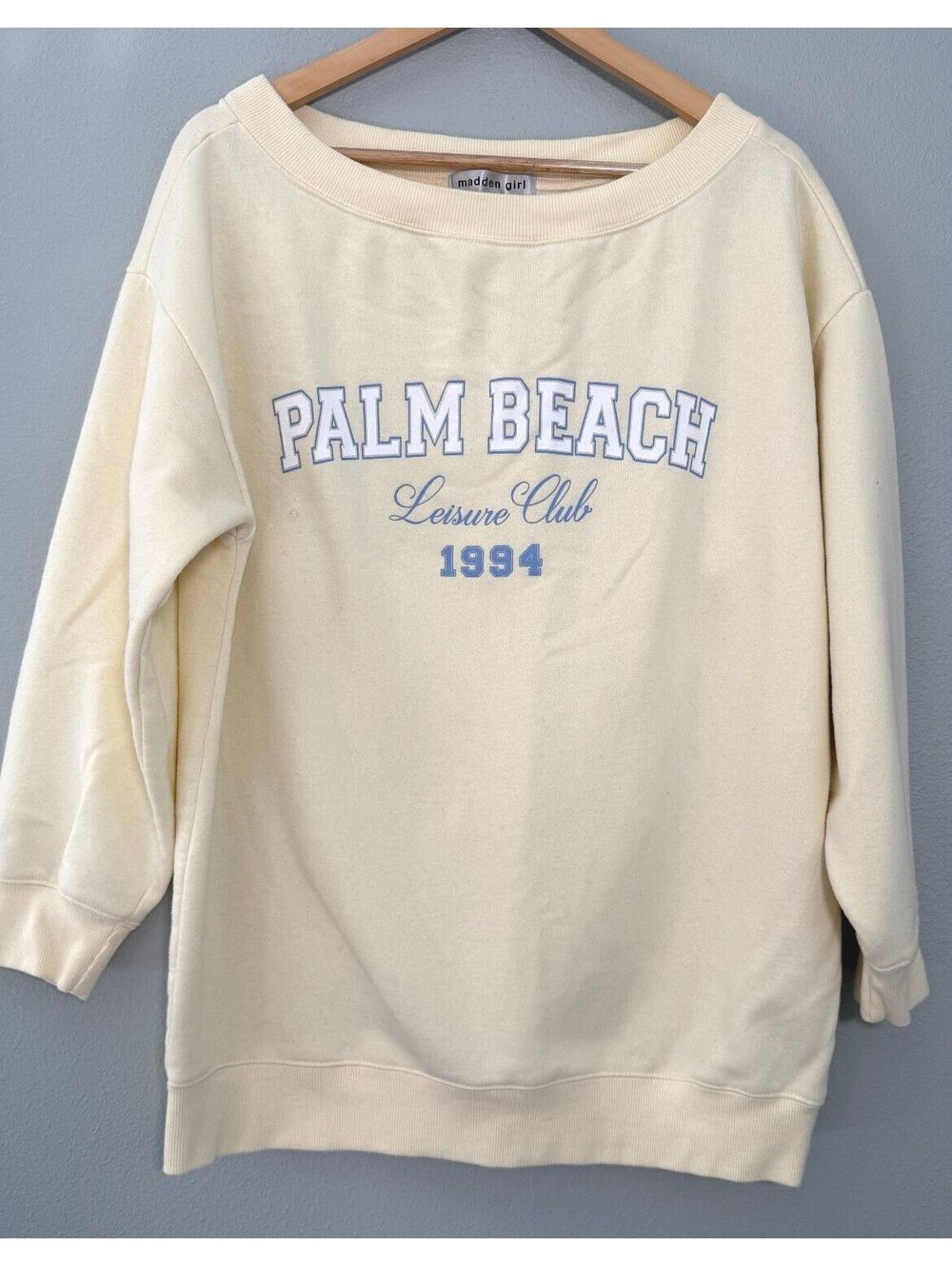 Madden Girl Butter Yellow Drop Shoulder Graphic Palm Beach Crewneck - XL NWOT